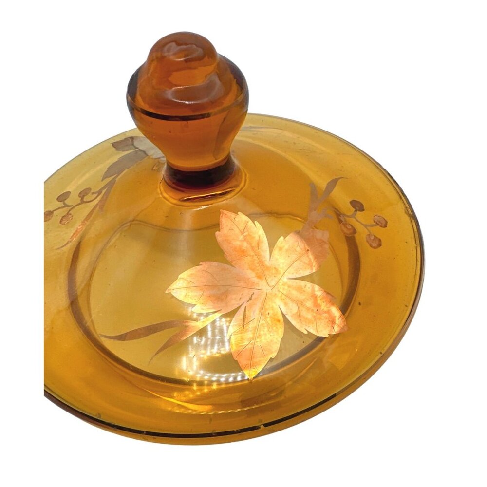 Vintage Roumania Amber Color Glass Jar Candy Dish Gold Trim Leaf Design European - Picture 8 of 11